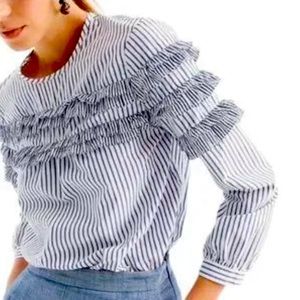 Jcrew blue and white stripe tired ruffle blouse